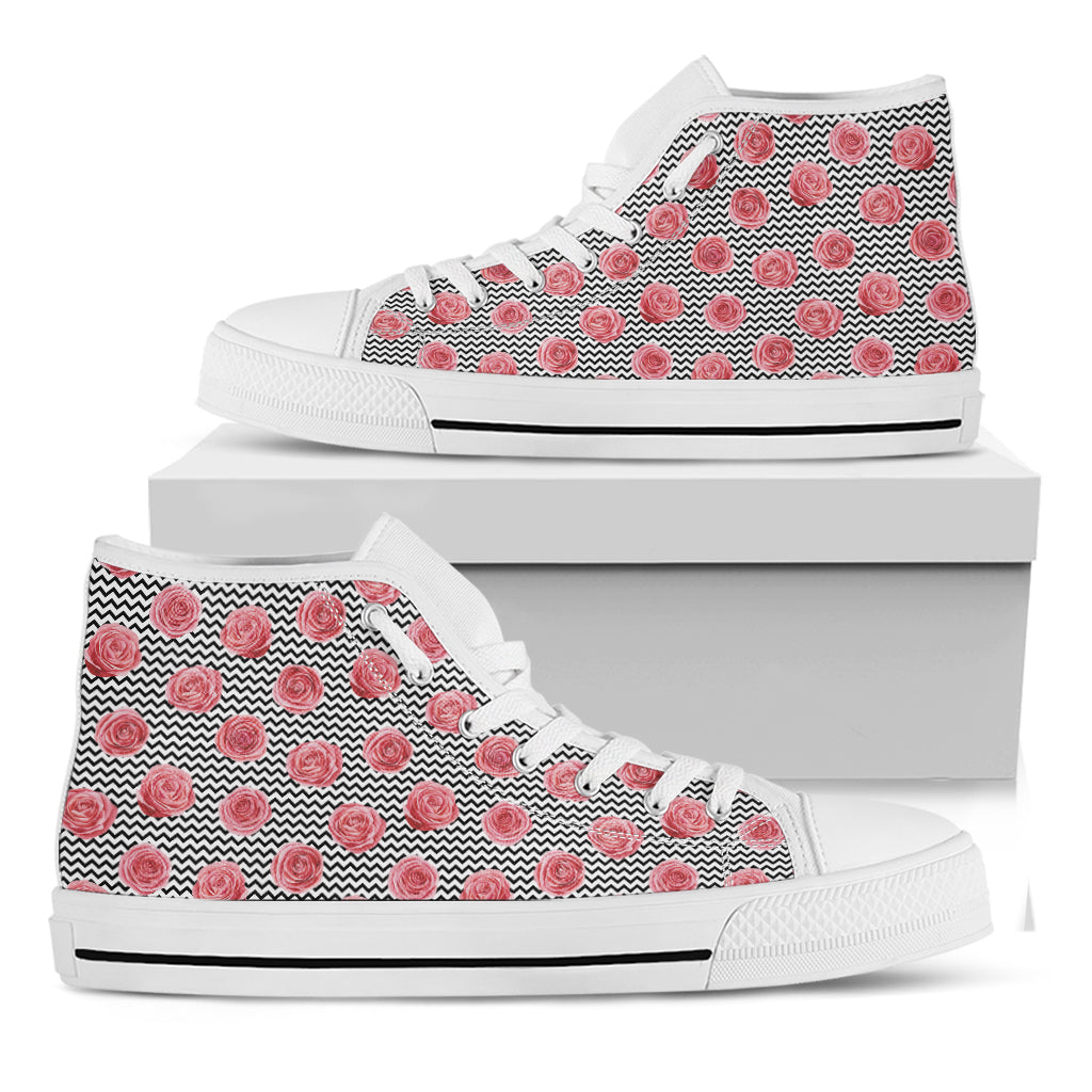 Pink Rose Zigzag Pattern Print White High Top Shoes