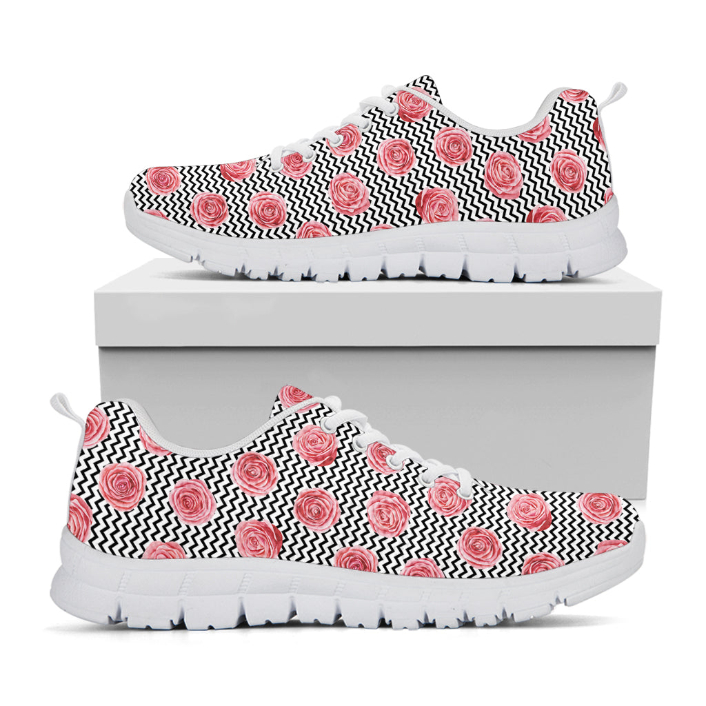 Pink Rose Zigzag Pattern Print White Sneakers