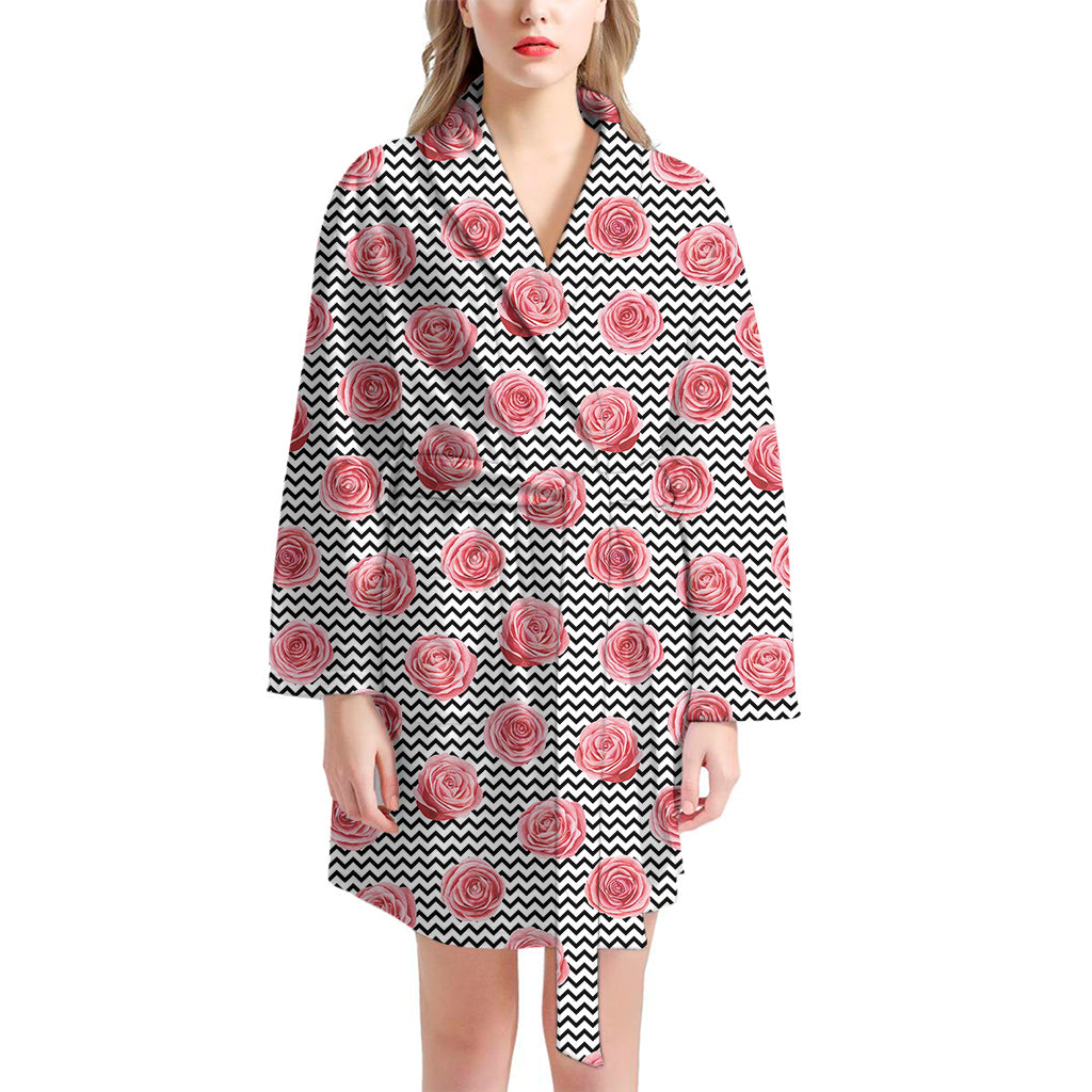 Pink Rose Zigzag Pattern Print Women's Bathrobe