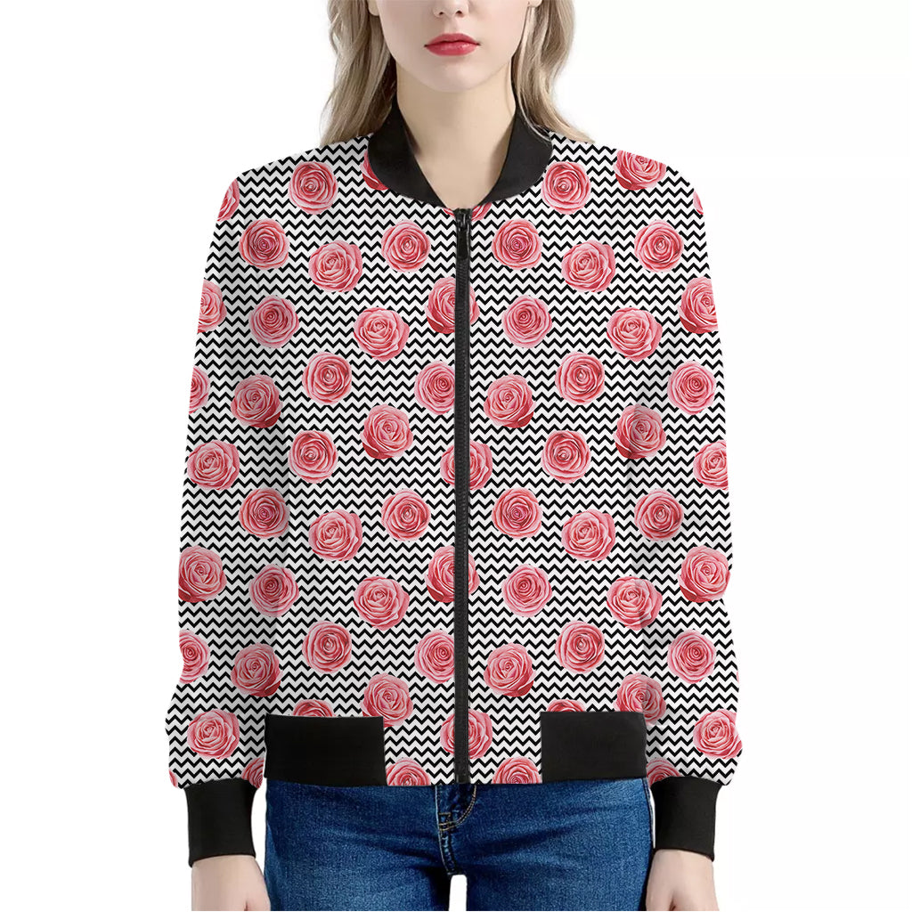 Pink Rose Zigzag Pattern Print Women's Bomber Jacket