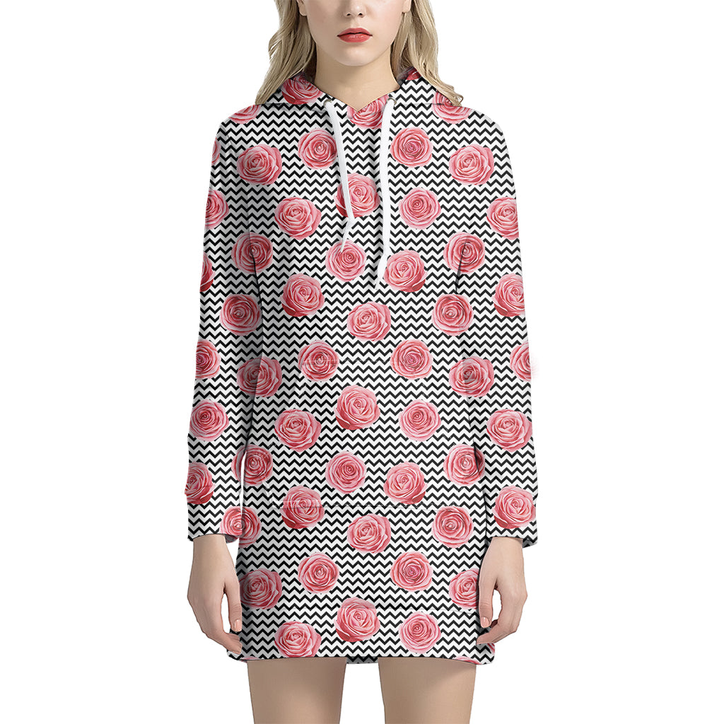 Pink Rose Zigzag Pattern Print Women's Pullover Hoodie Dress