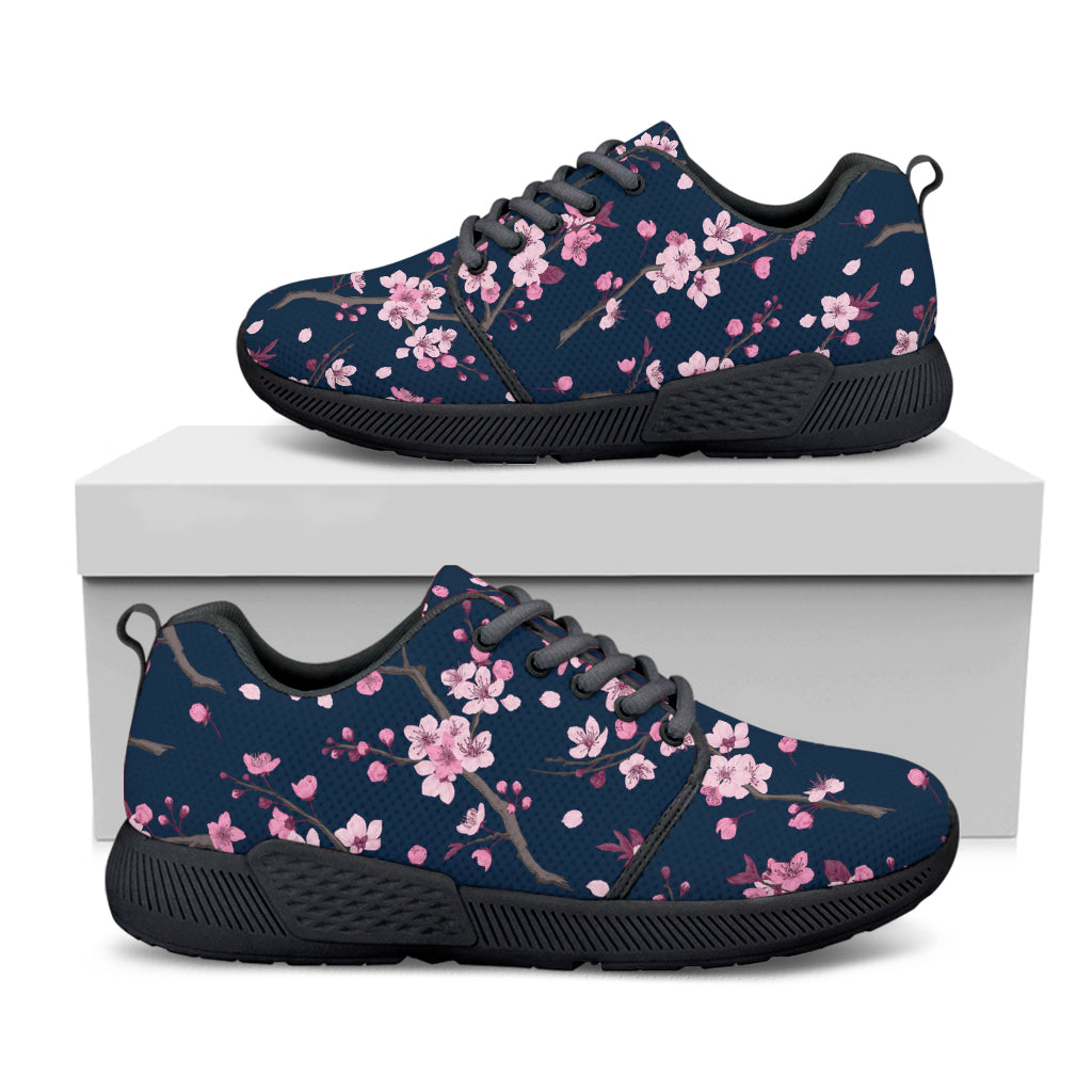 Pink Sakura Cherry Blossom Pattern Print Black Athletic Shoes