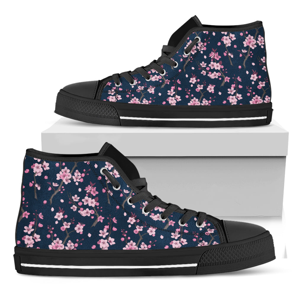 Pink Sakura Cherry Blossom Pattern Print Black High Top Shoes