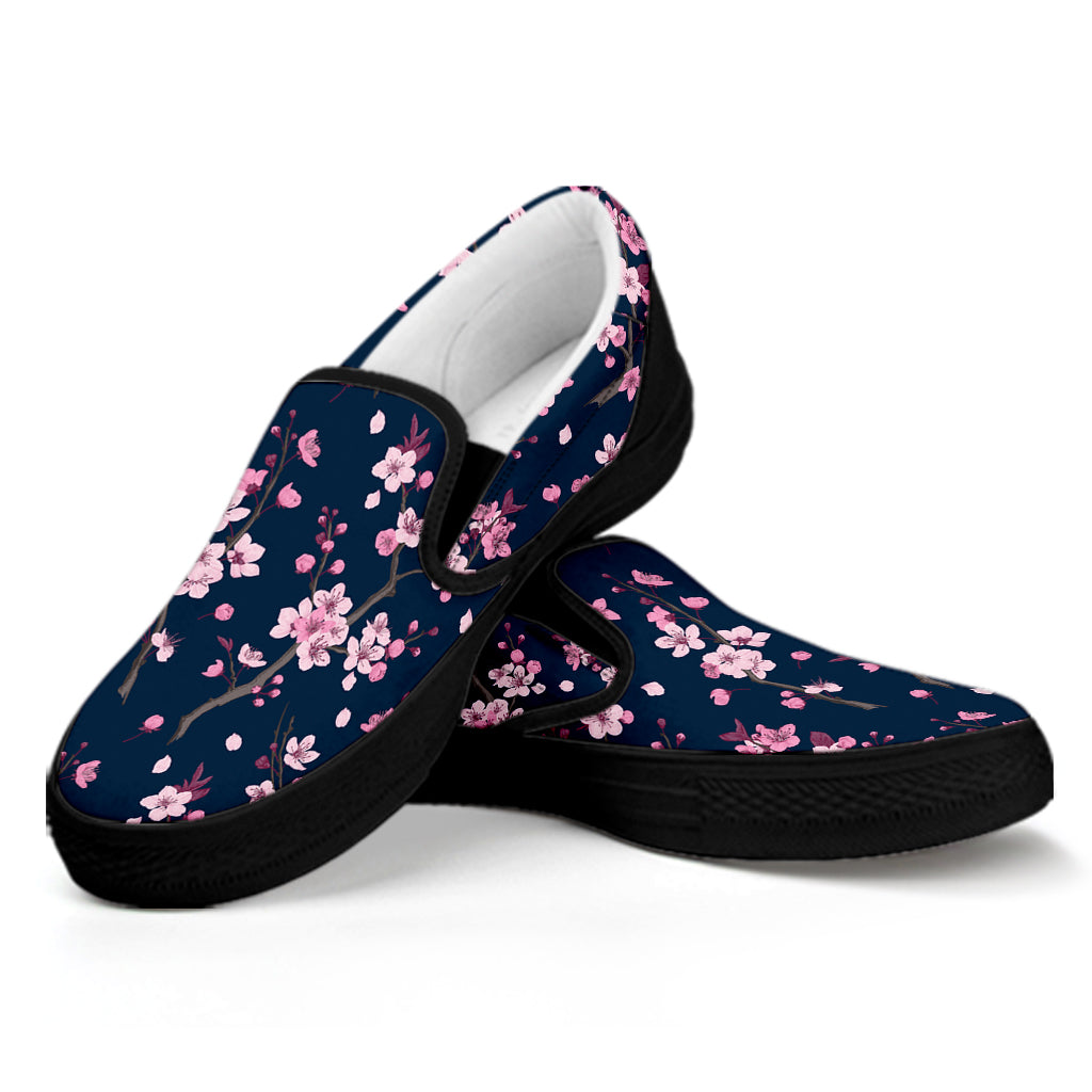 Pink Sakura Cherry Blossom Pattern Print Black Slip On Shoes