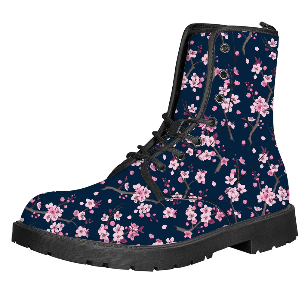 Pink Sakura Cherry Blossom Pattern Print Leather Boots