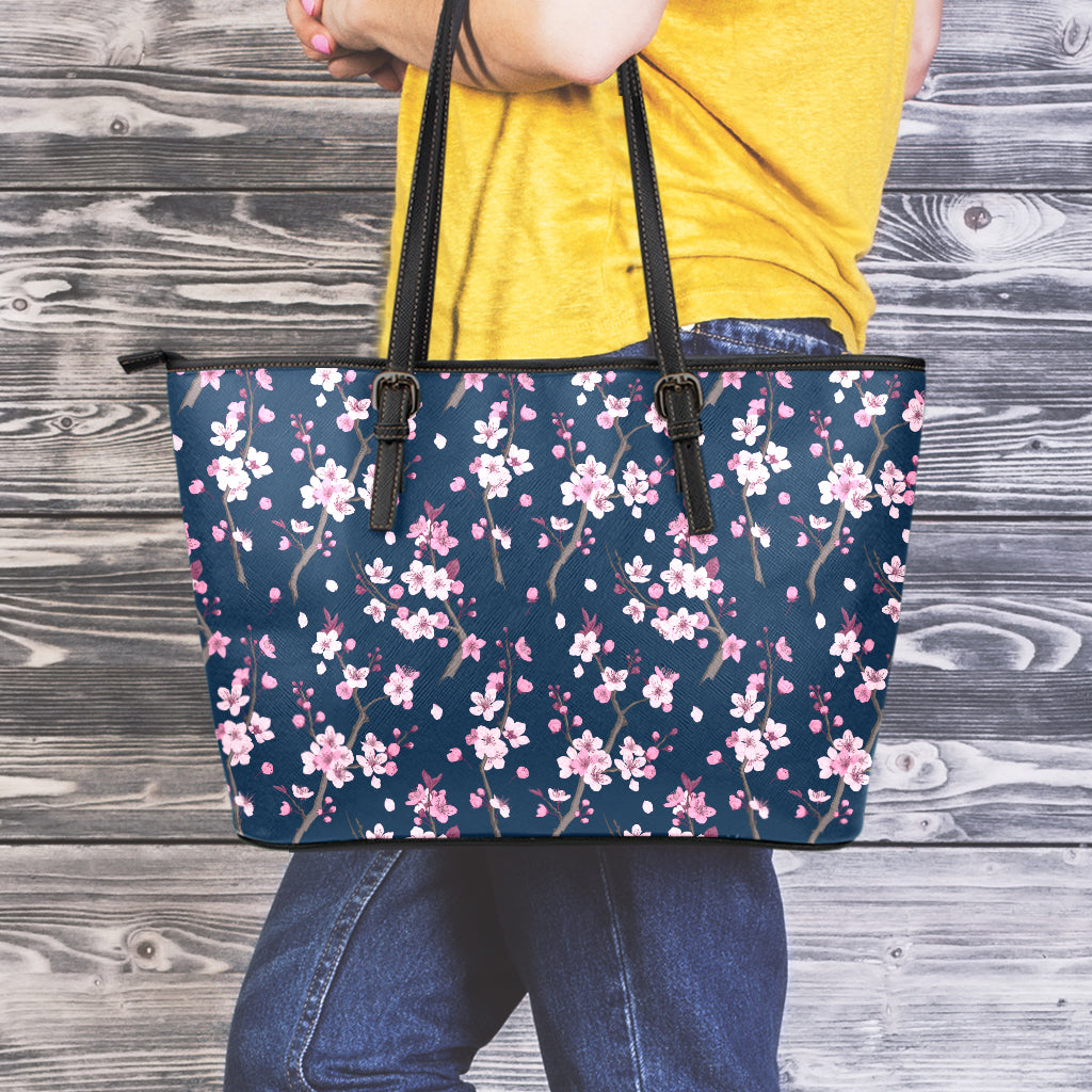 Pink Sakura Cherry Blossom Pattern Print Leather Tote Bag