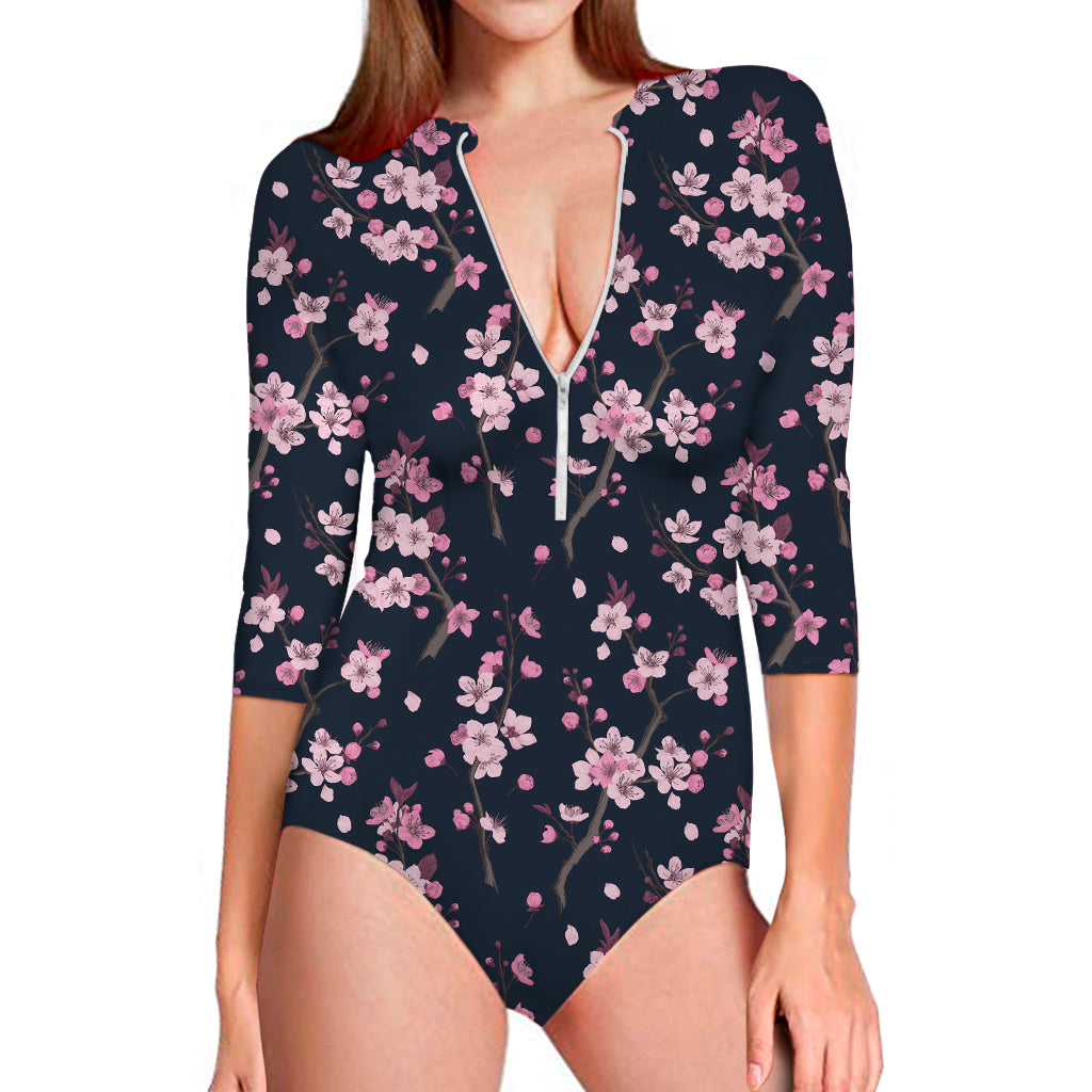 Pink Sakura Cherry Blossom Pattern Print Long Sleeve One Piece Swimsuit