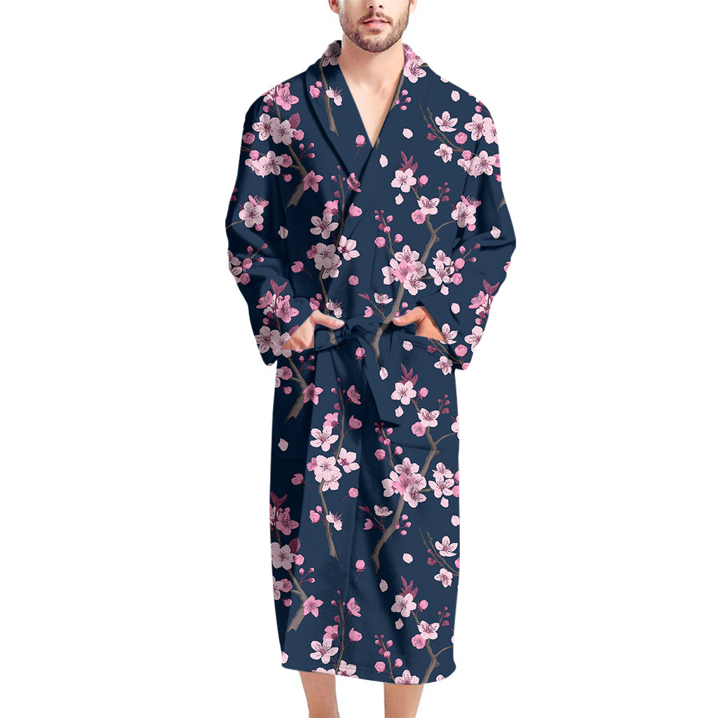 Pink Sakura Cherry Blossom Pattern Print Men's Bathrobe