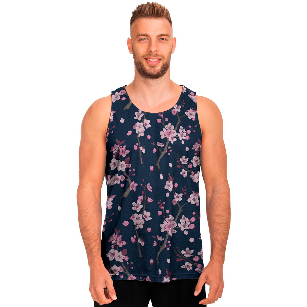 Pink Sakura Cherry Blossom Pattern Print Men's Tank Top