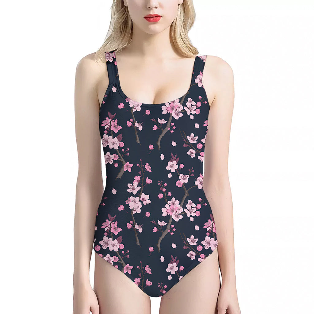 Pink Sakura Cherry Blossom Pattern Print One Piece Halter Neck Swimsuit