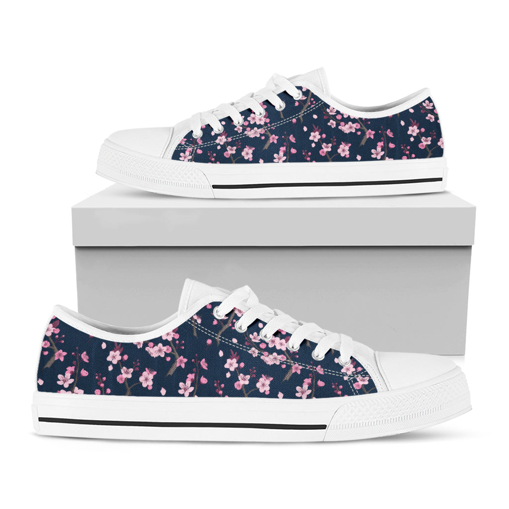 Pink Sakura Cherry Blossom Pattern Print White Low Top Shoes