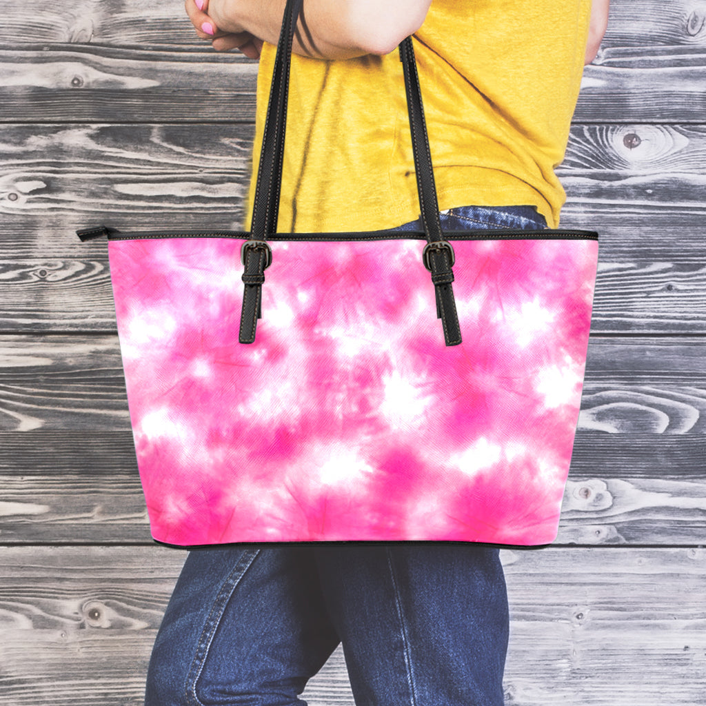 Pink Shibori Tie Dye Print Leather Tote Bag