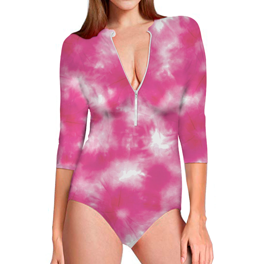 Pink Shibori Tie Dye Print Long Sleeve One Piece Swimsuit