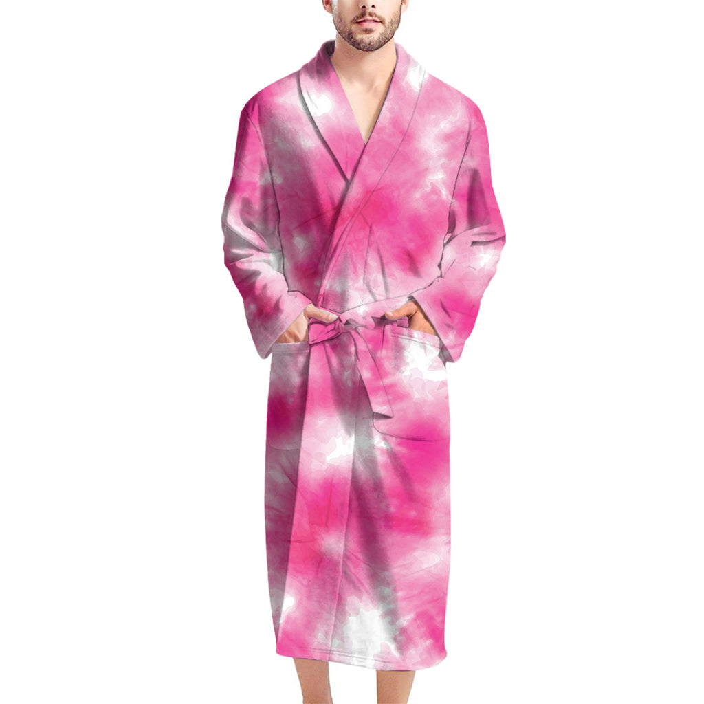 Pink Shibori Tie Dye Print Men's Bathrobe