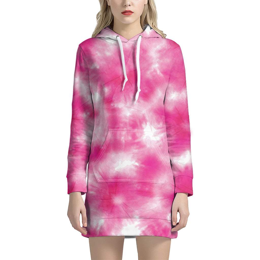 Pink Shibori Tie Dye Print Women's Pullover Hoodie Dress