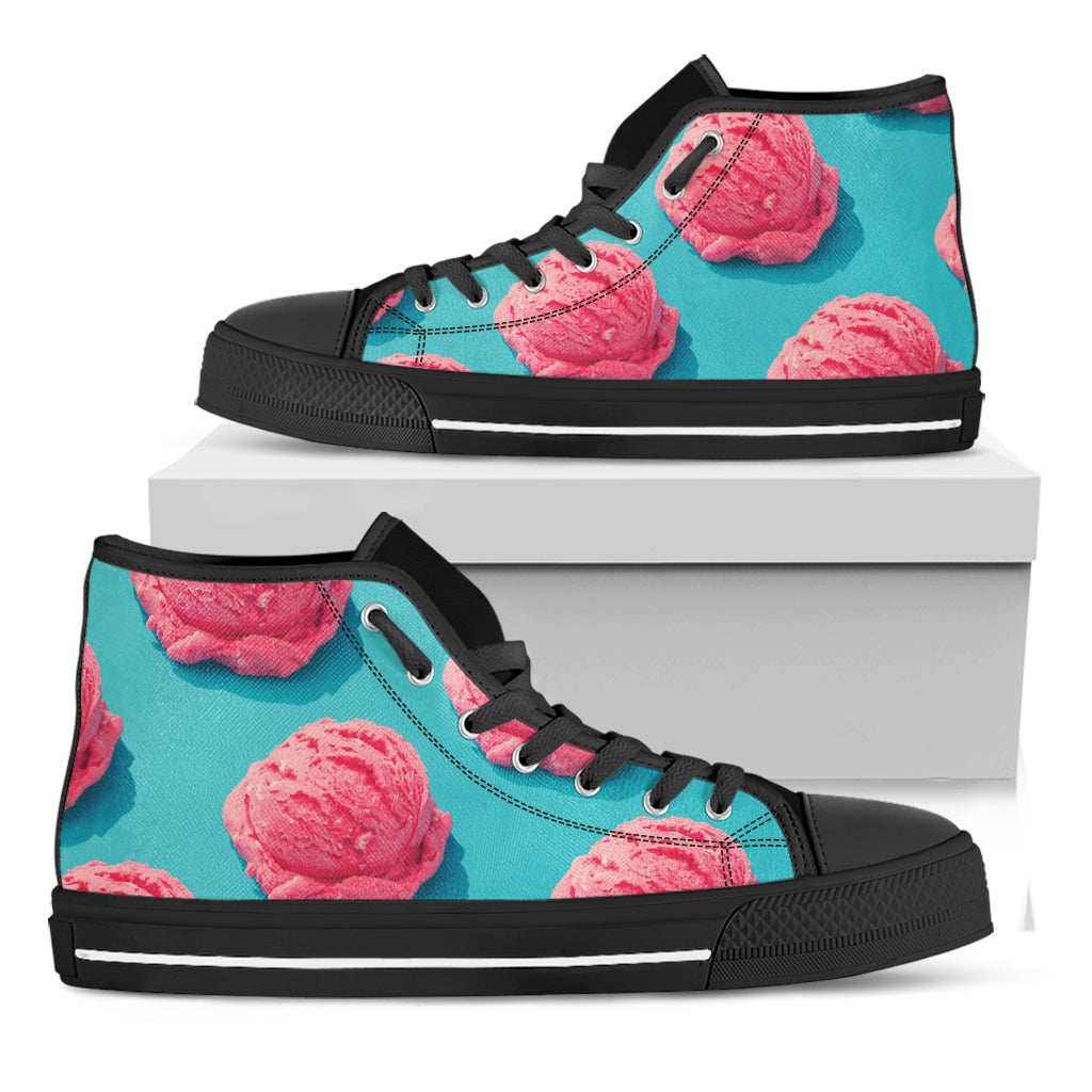 Pink Strawberry Ice Cream Print Black High Top Shoes