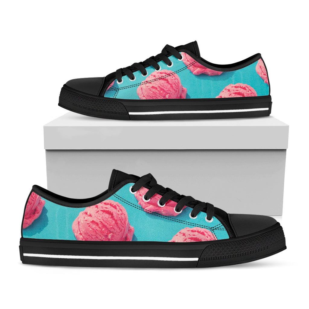 Pink Strawberry Ice Cream Print Black Low Top Shoes