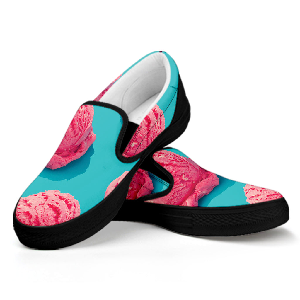 Pink Strawberry Ice Cream Print Black Slip On Shoes