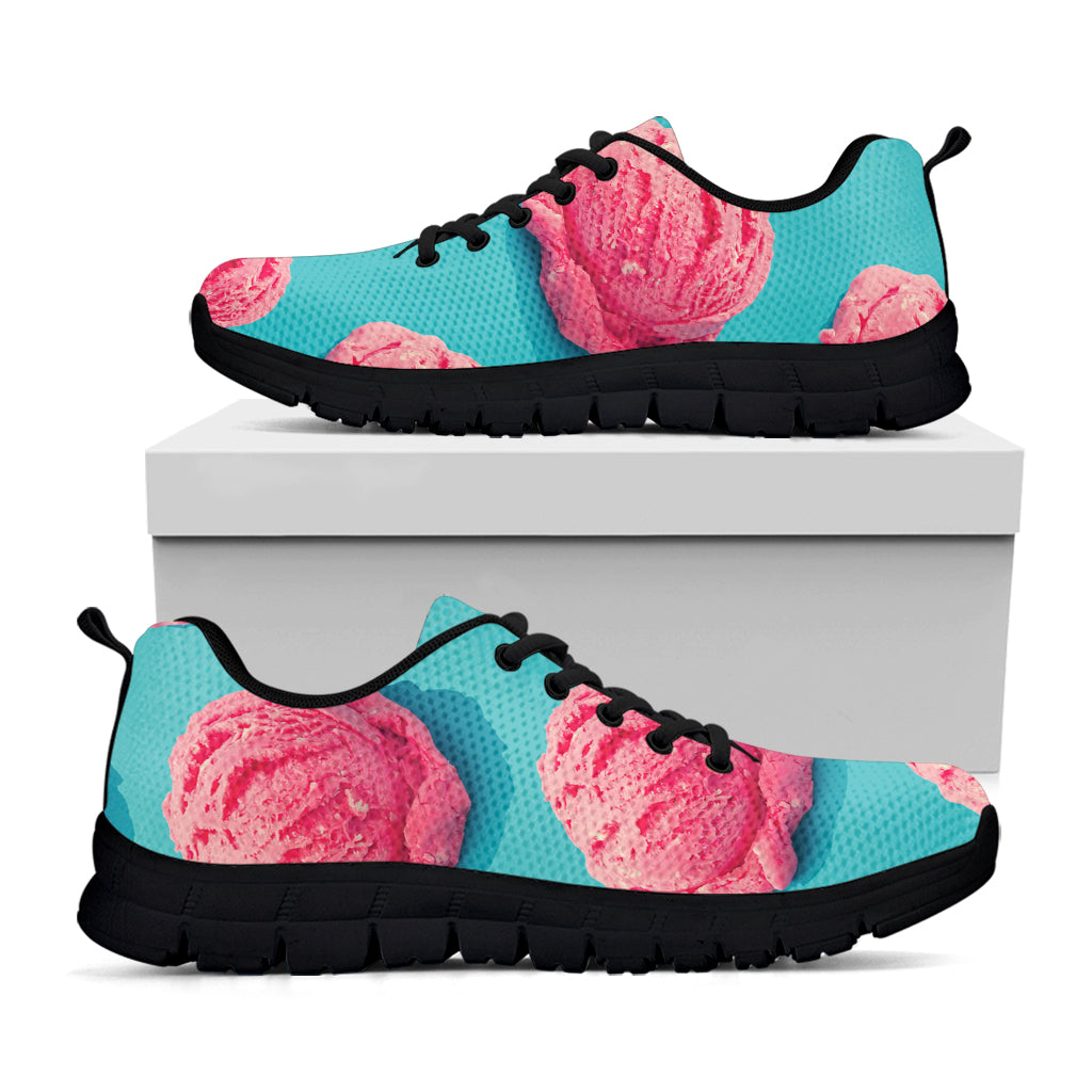 Pink Strawberry Ice Cream Print Black Sneakers