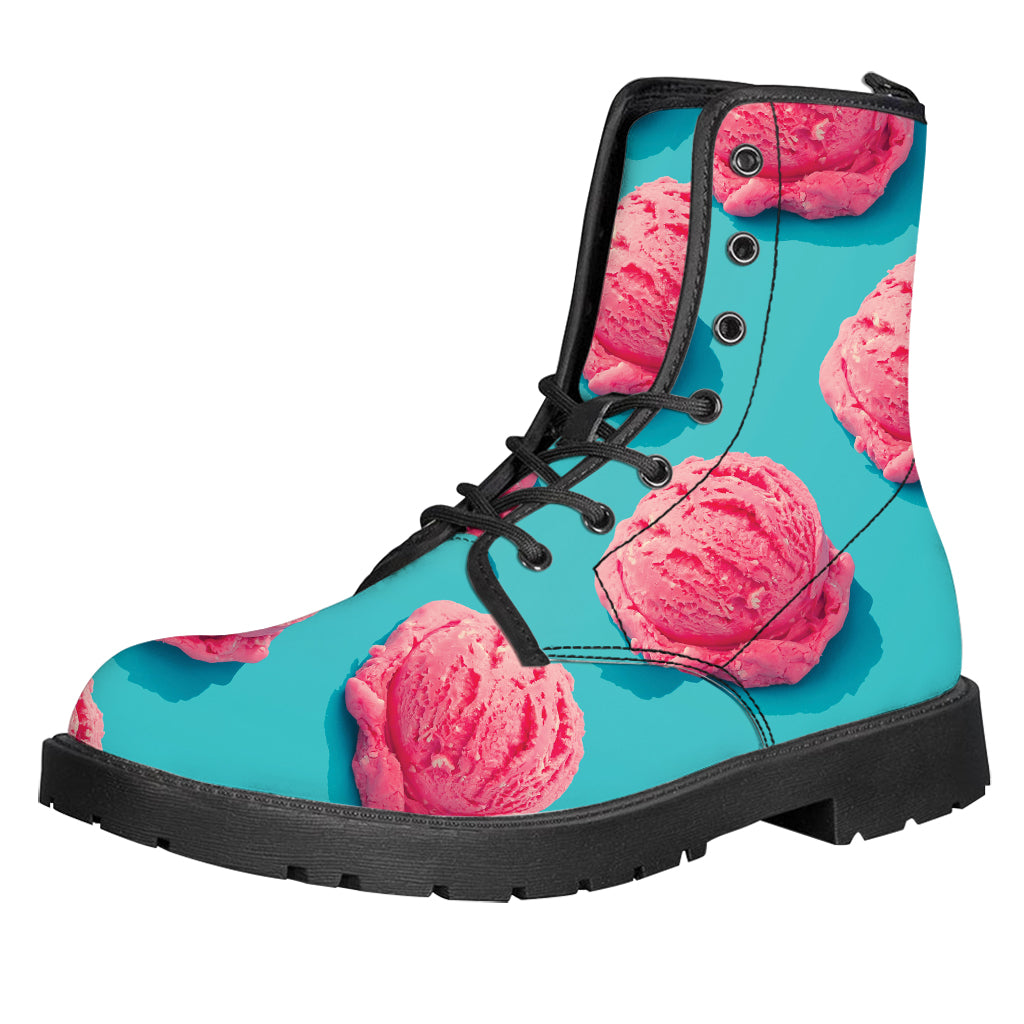 Pink Strawberry Ice Cream Print Leather Boots