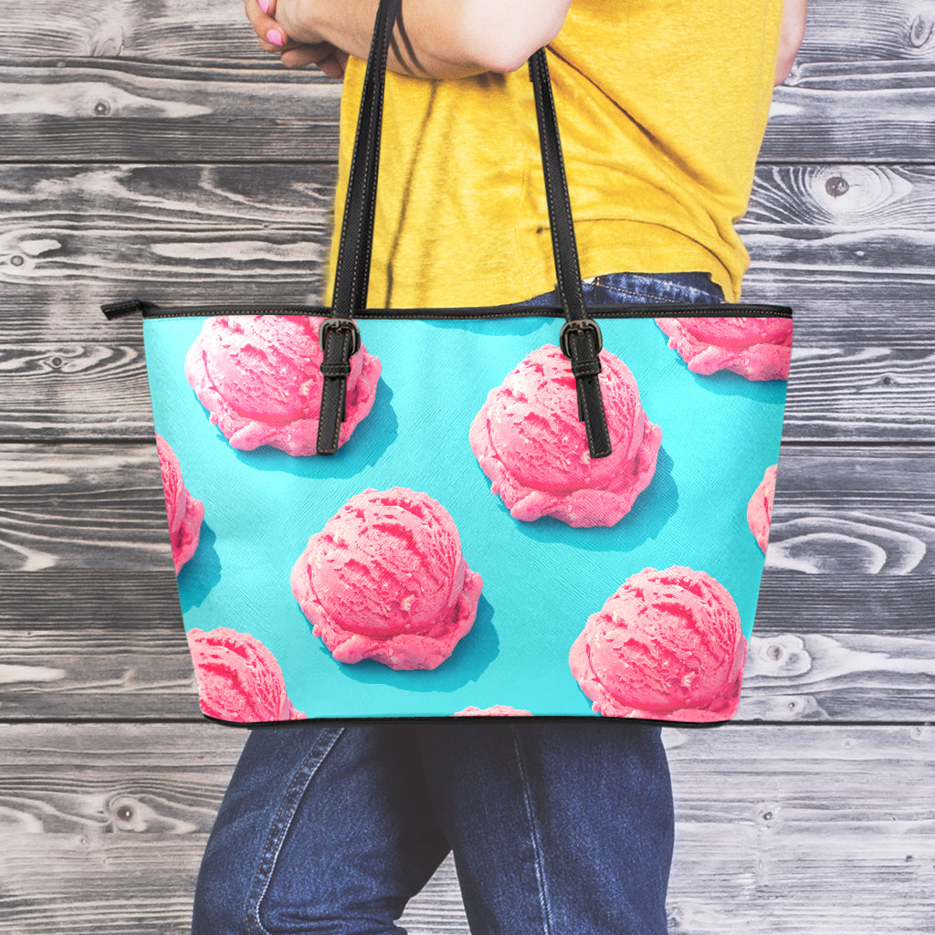 Pink Strawberry Ice Cream Print Leather Tote Bag