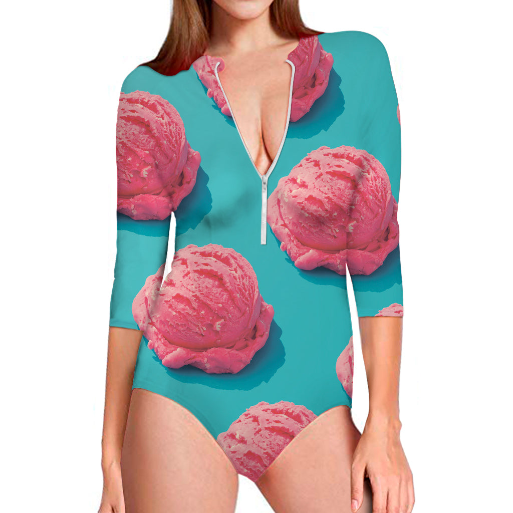 Pink Strawberry Ice Cream Print Long Sleeve One Piece Swimsuit