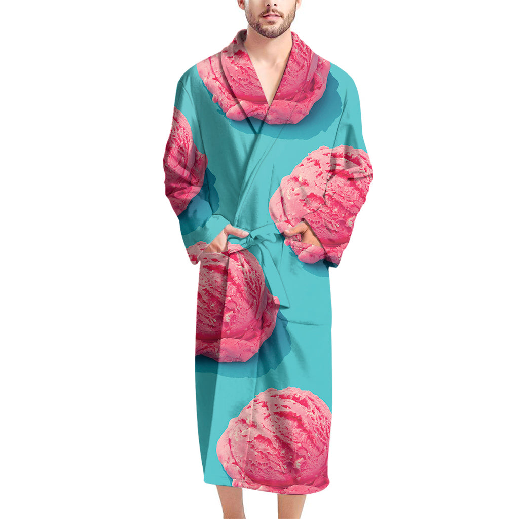 Pink Strawberry Ice Cream Print Men's Bathrobe