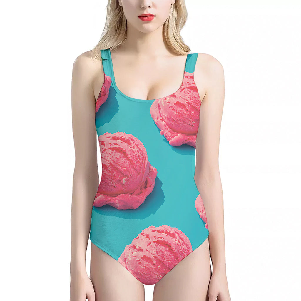 Pink Strawberry Ice Cream Print One Piece Halter Neck Swimsuit