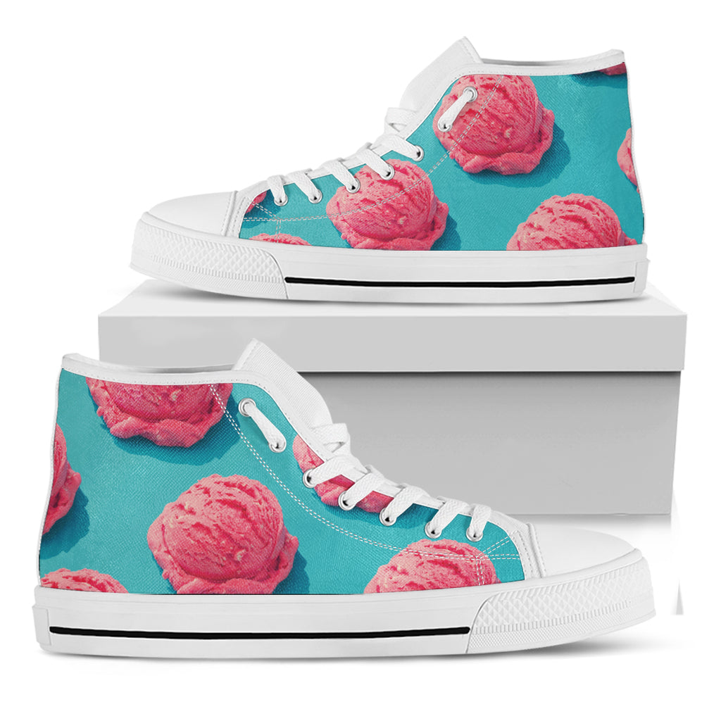 Pink Strawberry Ice Cream Print White High Top Shoes