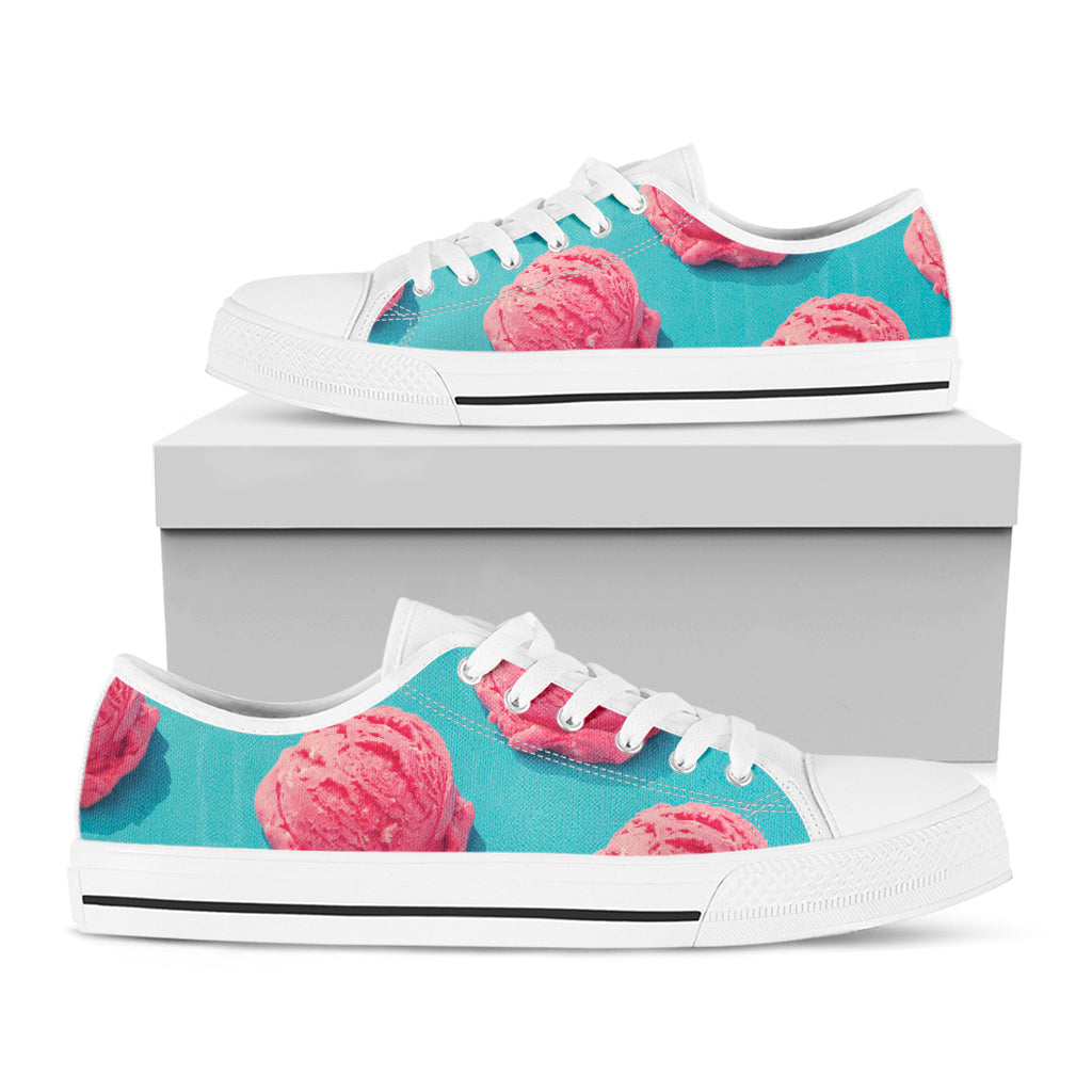 Pink Strawberry Ice Cream Print White Low Top Shoes