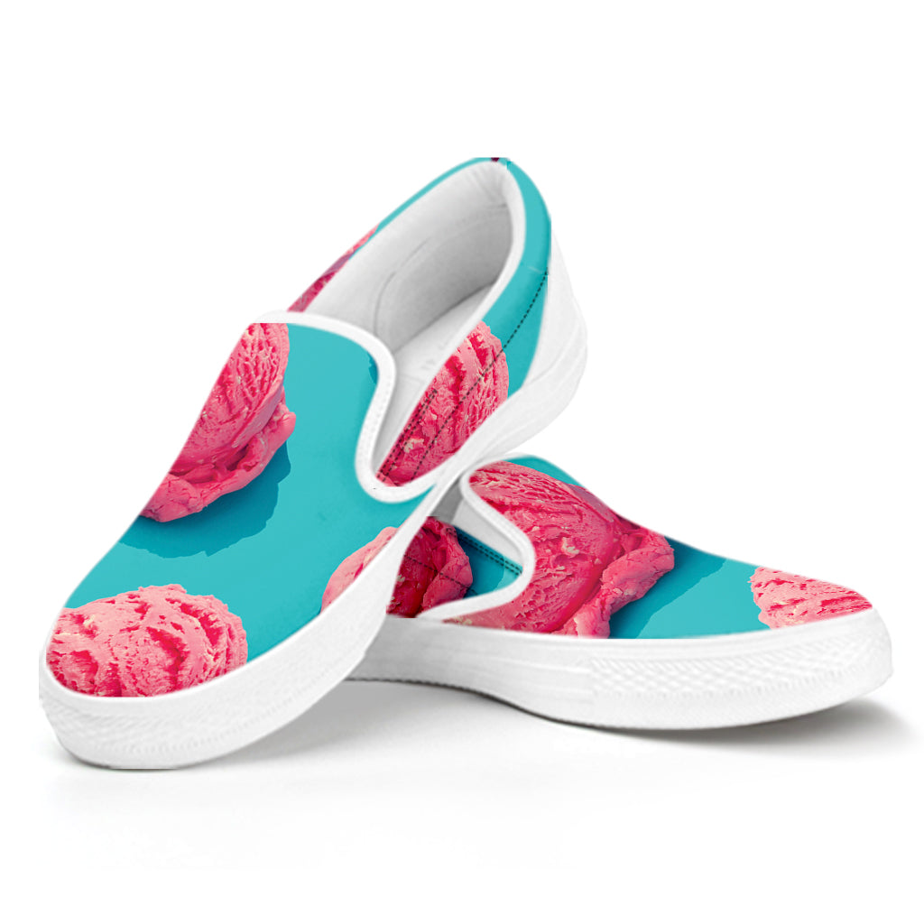 Pink Strawberry Ice Cream Print White Slip On Shoes