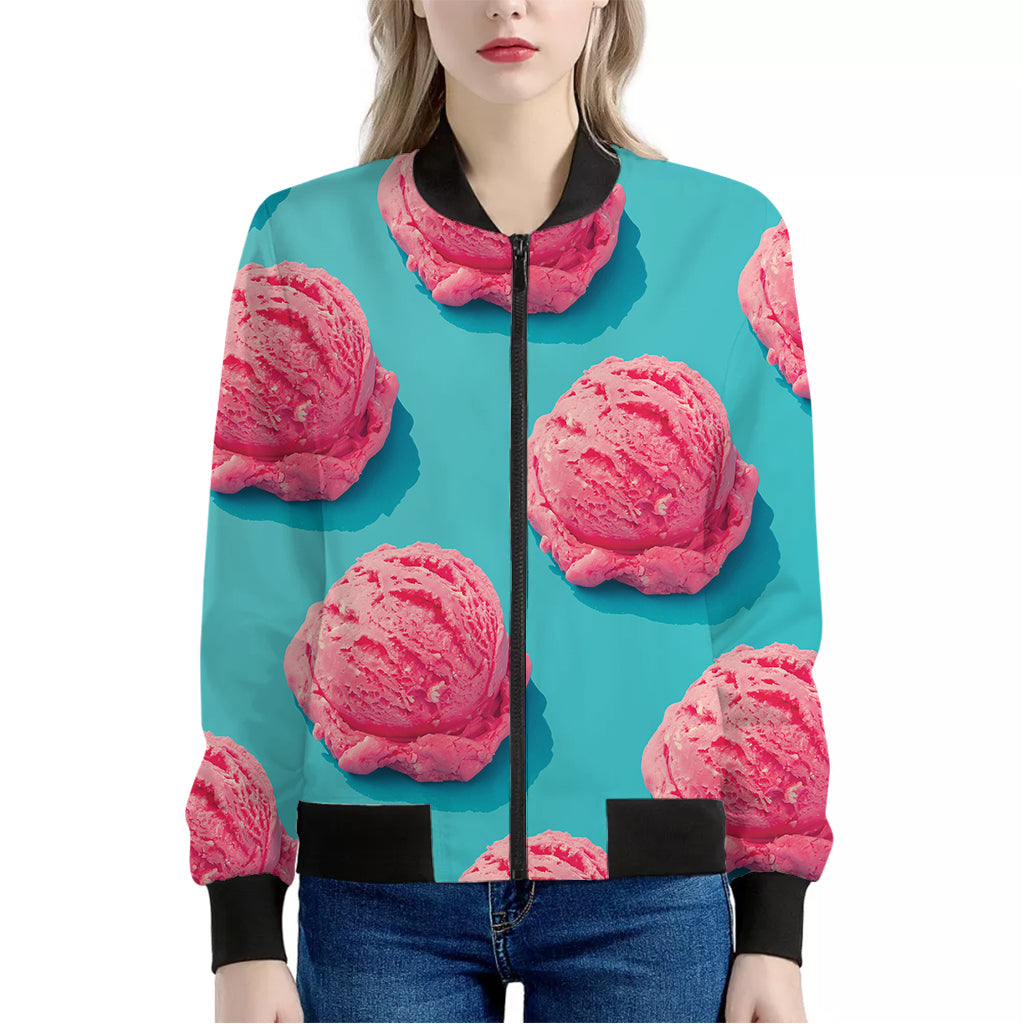 Pink Strawberry Ice Cream Print Women's Bomber Jacket