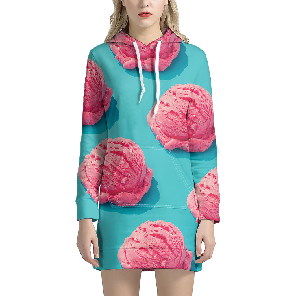 Pink Strawberry Ice Cream Print Women's Pullover Hoodie Dress