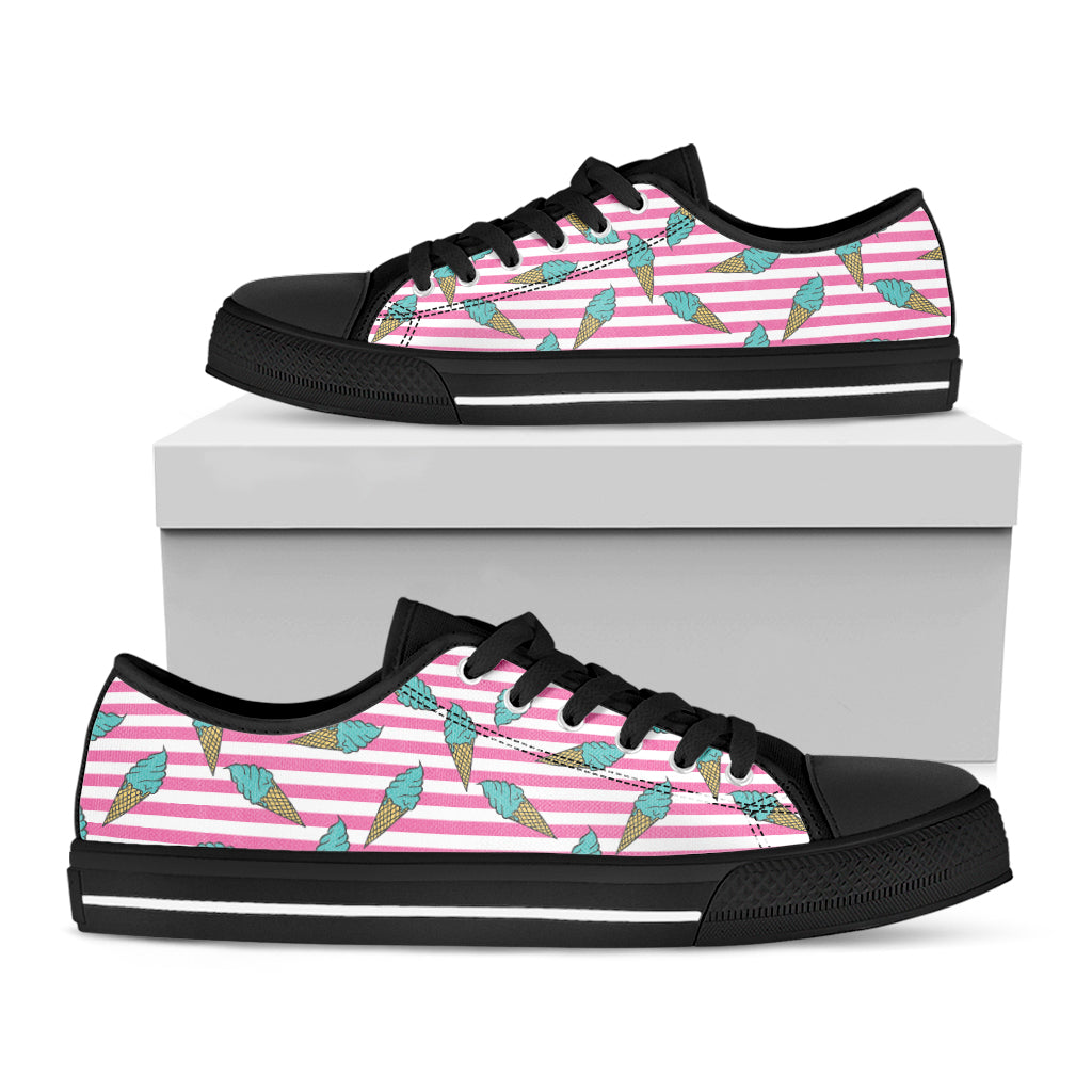 Pink Striped Ice Cream Pattern Print Black Low Top Shoes