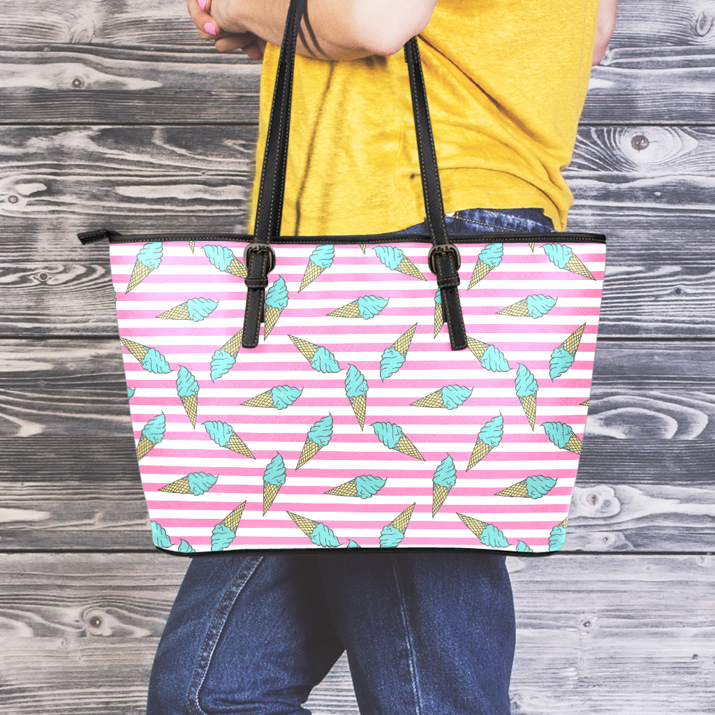 Pink Striped Ice Cream Pattern Print Leather Tote Bag