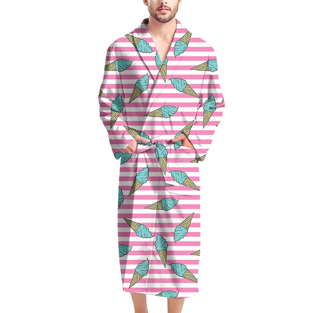 Pink Striped Ice Cream Pattern Print Men's Bathrobe