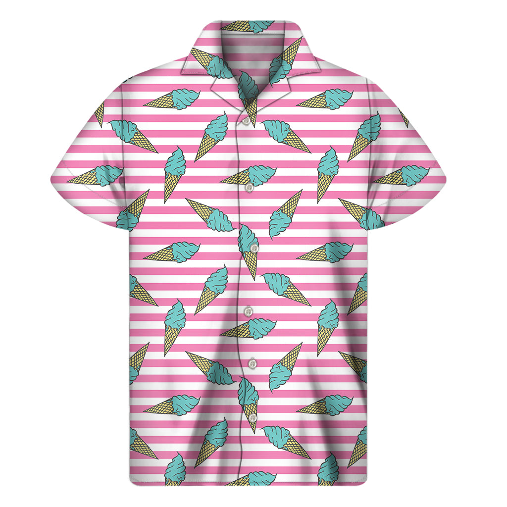 Pink Striped Ice Cream Pattern Print Men's Short Sleeve Shirt