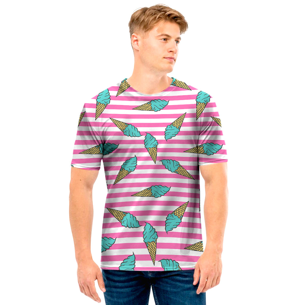 Pink Striped Ice Cream Pattern Print Men's T-Shirt