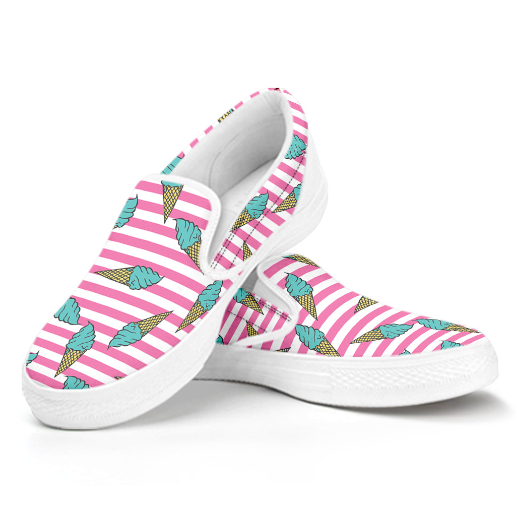 Pink Striped Ice Cream Pattern Print White Slip On Shoes