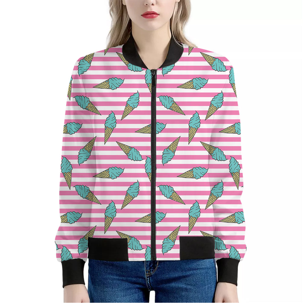 Pink Striped Ice Cream Pattern Print Women's Bomber Jacket