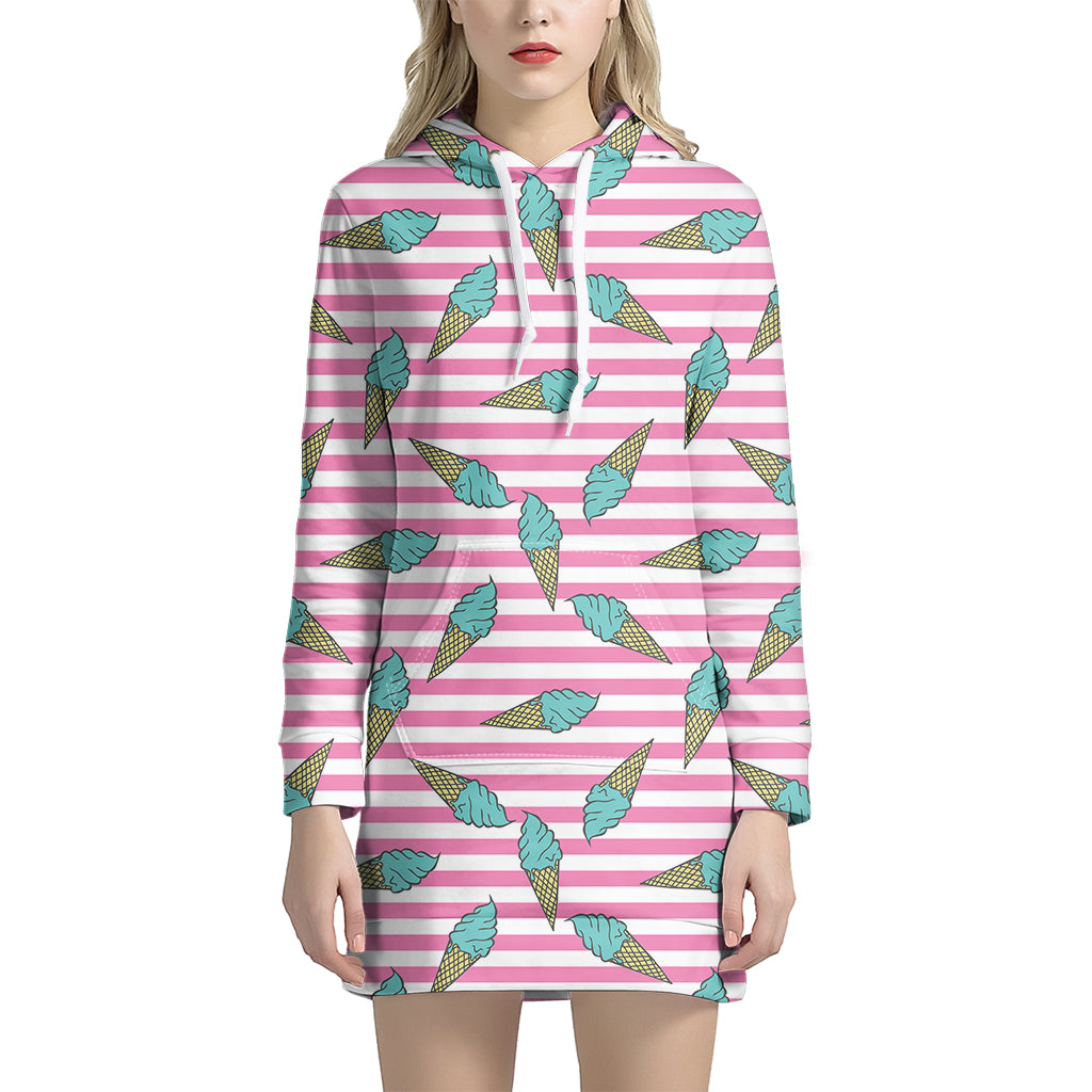 Pink Striped Ice Cream Pattern Print Women's Pullover Hoodie Dress