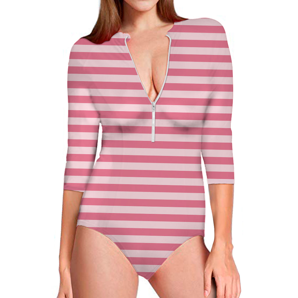 Pink Striped Pattern Print Long Sleeve One Piece Swimsuit