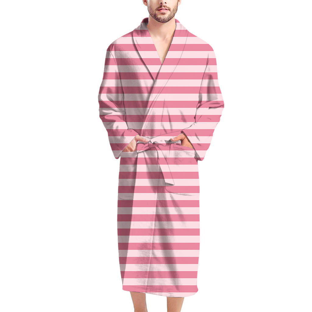 Pink Striped Pattern Print Men's Bathrobe