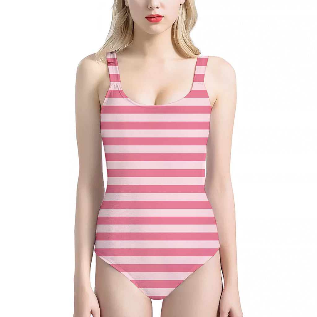 Pink Striped Pattern Print One Piece Halter Neck Swimsuit