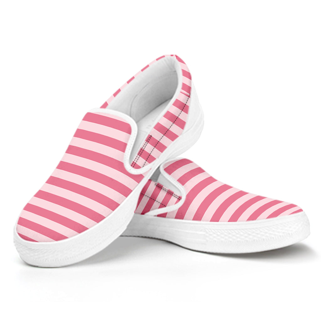 Pink Striped Pattern Print White Slip On Shoes