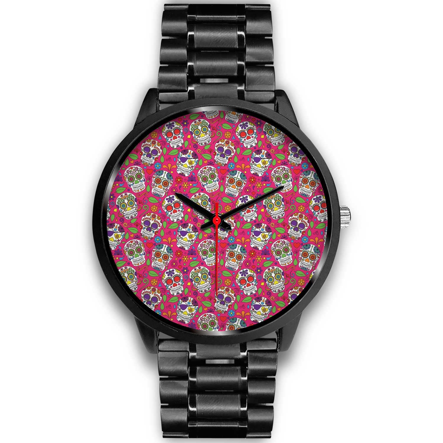 Pink Sugar Skull Pattern Print Black Watch