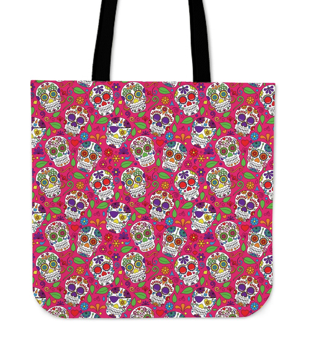 Pink Sugar Skull Pattern Print Canvas Tote Bag