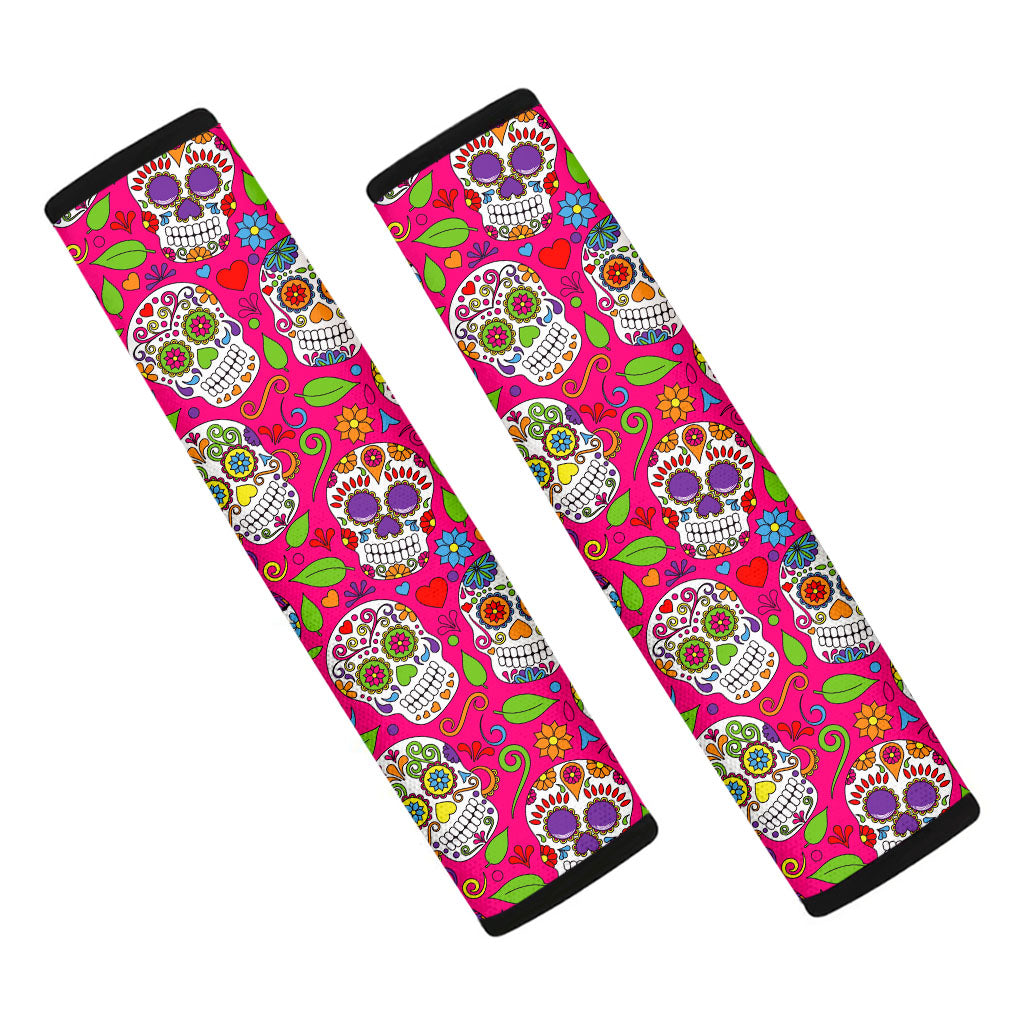 Pink Sugar Skull Pattern Print Car Seat Belt Covers