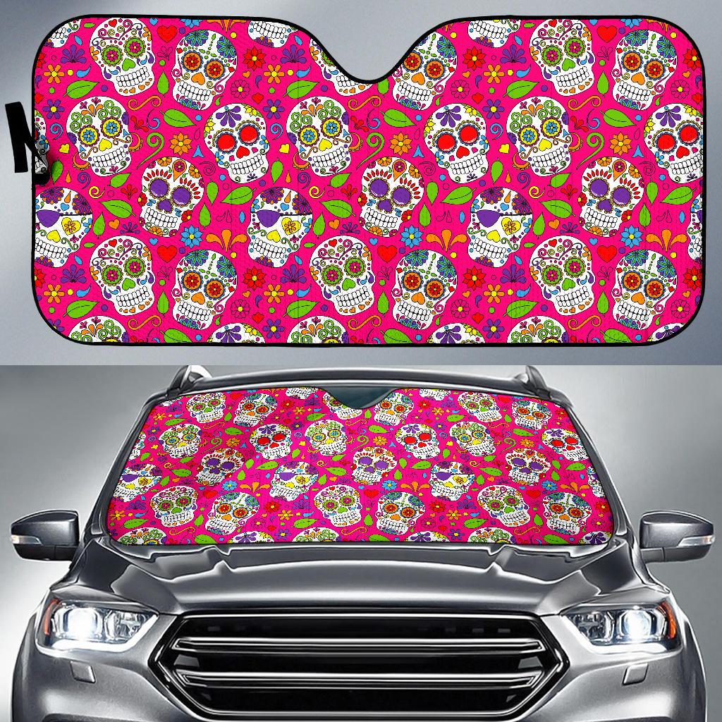 Pink Sugar Skull Pattern Print Car Sun Shade