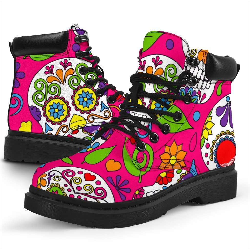 Pink Sugar Skull Pattern Print Classic Boots